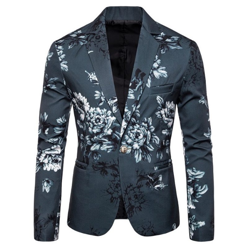 Herre Blazer Sport Frakke Lapel Plant Blomstermønster Én Knapper Slank - Grøn