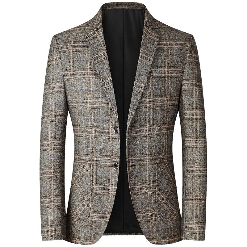 Herre Blazer Sport Frakke Plaid Mønster To Knapper Flad Krave Lappede Lommer Nem Pleje