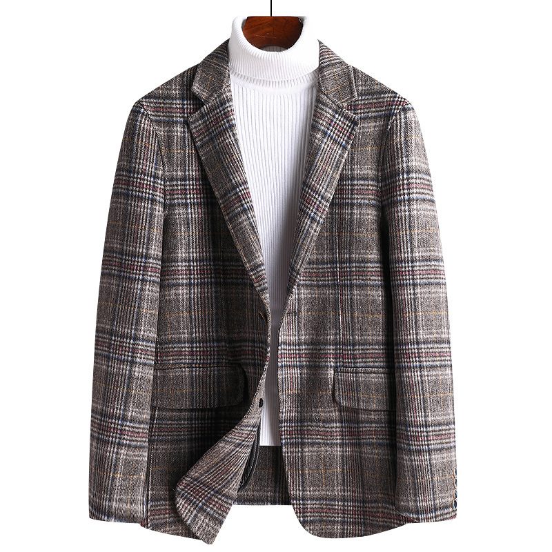 Herre Blazer Sport Frakke Plaid Uld Tyk Farve Blok To Knapper