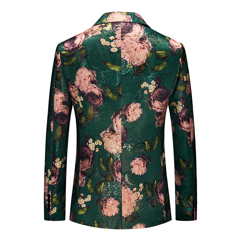 Herre Blazer Sportsfrakke Jacquard Én Knapper Flad Krave Flap Lommer Blomstermønster - Grøn