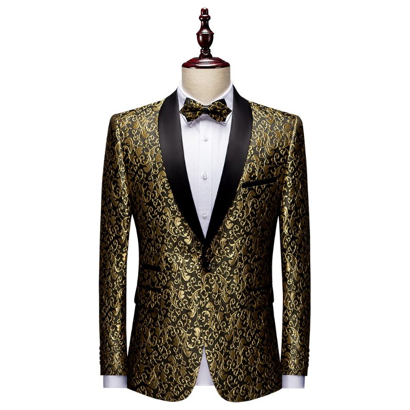 Herre Blazer Sportsfrakke Jacquard Én Knapper Sjal Lapel Flap Lommer