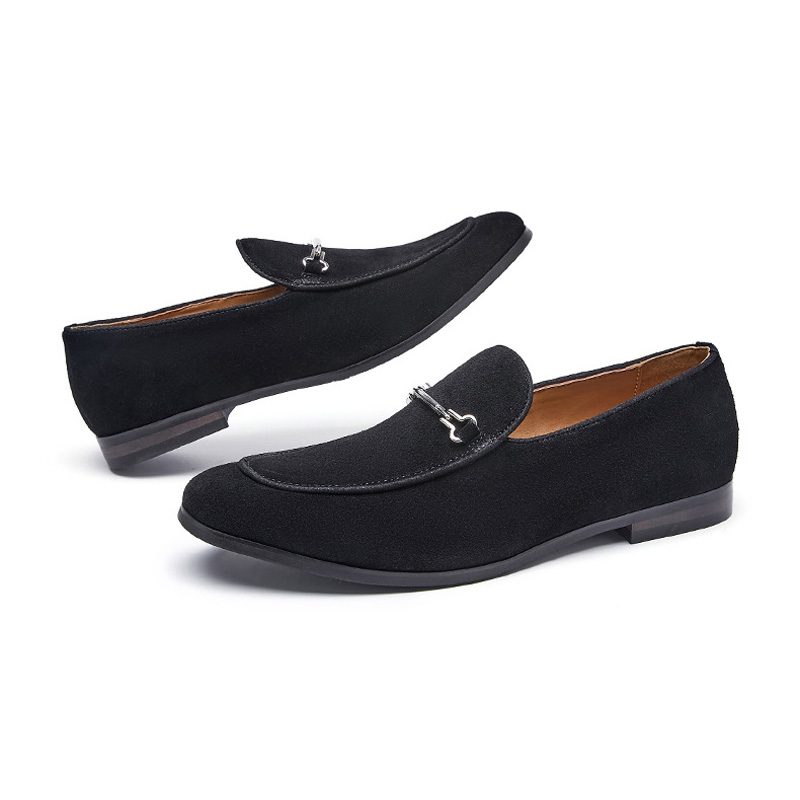 Herre Loafers Moccasin Nubuck Læder Rund Tå - Sort