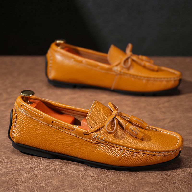 Loafers Til Mænd Moccasin Tassel Cow Læder - Gul