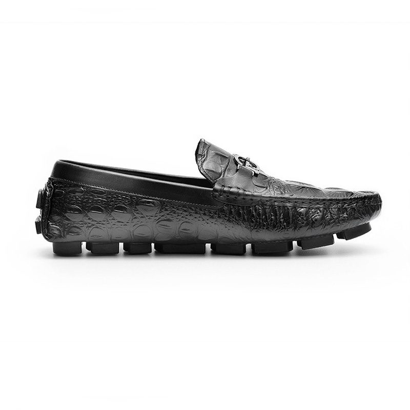 Moccasin Loafer Til Mænd Alligator Mønster Køresko Ko Læder Metal Spænde - Sort